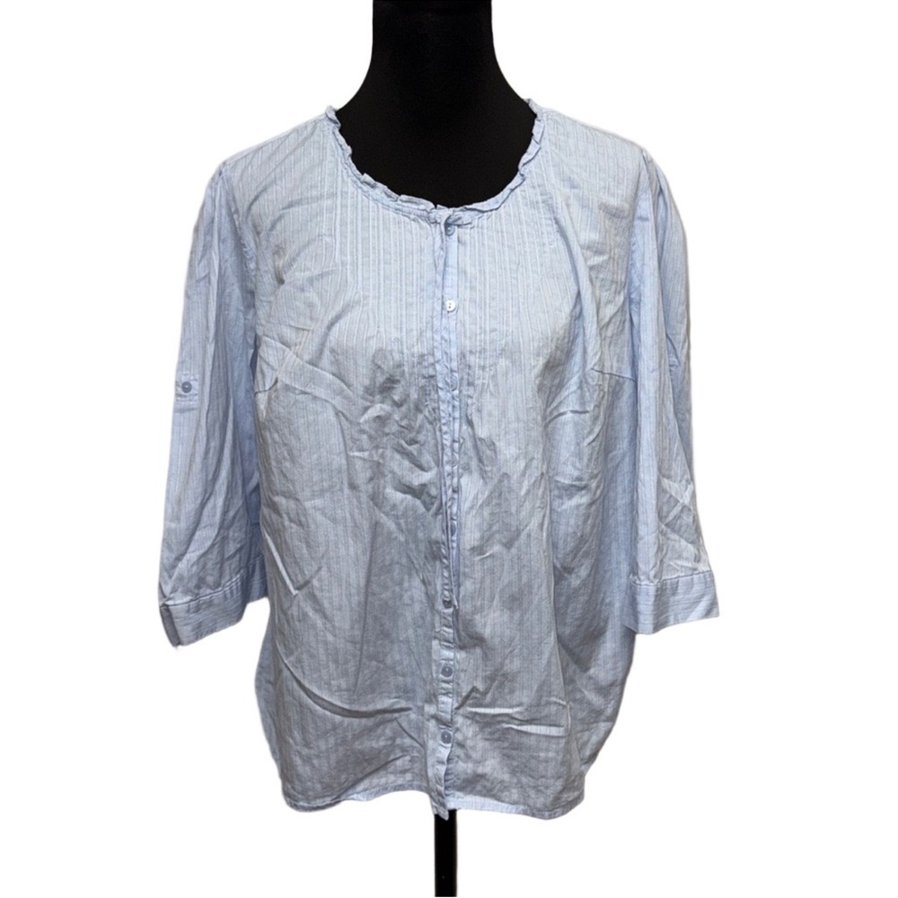 Fashion Bug Light Blue Pinstripe Button Front Blouse 1X Cotton 3/4 Sleeve